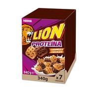 Cereales Nestlé Lion Proteína, Cereales integrales con chocolate y caramelo, 7 estuches de 340g