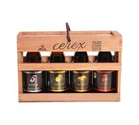 CEREX - Pack Degustación de 4 Cervezas Artesanas Españolas con caja regalo de presentación en madera - Cervezas de Cereza, Castaña, Ibérica de Bellota y Pilsen
