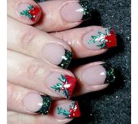 Cerezas Uñas Artificiales Encaje Francés Uñas Falsas Navidad Prensa Sobre Uñas Cubiertas Completas Stick On Nails Para Mujer