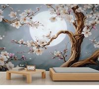 Cerezos en flor bajo la luna Mural de pared 3D autoadhesivo, decoración para dormitorio, baño y sala de estar, papel tapiz decorativo 300x210cm (No autoadhesivo)