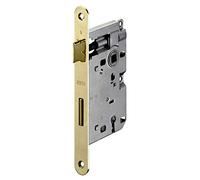 Cerradura AGB de patente pequeña. Pestillo y entrega de latón barnizado. Entrada 50. Distancia entre ejes 70 mm. Frontal barnizada 20 x 188 mm. Incluye la llave. El precio no incluye la contrapeso.