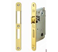 Cerradura AGB serie "Centro" - pestillo y mandato latón barnizado accionado por el marco de 6 mm. Entrada 50 - Distancia entre ejes mm. 90 mm. Frontal 22 x 196 completo con contraplatos.