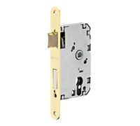 Cerradura de cilindro empotrada para puerta de entrada, con retroceso de 50 mm, extremos redondeados, latonada, media vuelta reversible, pestillo de aleación cincada - THIRARD