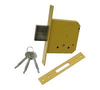 Cerradura de embutir para puerta de madera '56320' frontal de 23 mm, caja y tapa de acero barnizado. Contraplaca incluida. Con cilindro en cruz llave de aguja, tornillos para la fijación de la