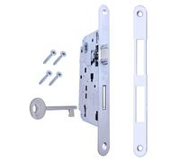 Cerradura de puerta interior AGB Serie Centro. Entrada 50, distancia entre ejes 90. (Frente 18 x 196, pestillo cerrojo llave, cromado mate)