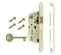 Cerradura de puerta interior AGB Serie Centro. Entrada 50, distancia entre ejes 90. (Frente 22 x 196, pestillo cerrojo llave, latón brillante)
