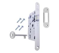 Cerradura de puerta interior AGB Serie Centro. Entrada 50, distancia entre ejes 90. (Frente 22 x 196, pestillo llave, niquelado brillante)
