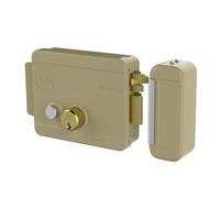 Cerradura eléctrica de sobreponer para puertas Art. 688 con pestillo azionabile retraído externo mediante llave, desde interior mediante botón, a distancia mediante impulso eléctrico de bajo voltaje (10 W-12 V). Acabado Acero Barnizado. controbocchetta incl
