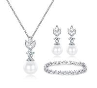 CERSLIMO Juego de joyas para mujer, collar con colgante de perlas, plata de ley S925, juego de joyas chapadas en oro blanco para mujer, conjuntos de regalo para bodas