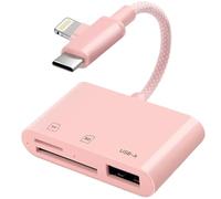 [Certificado Apple MFI] - Lector de tarjetas SD de nailon trenzado para iPhone iPad, USB 3.0 tipo C SD/TF con conector Lightning y USB C dual, SD MicroSD USB-A (rosa)