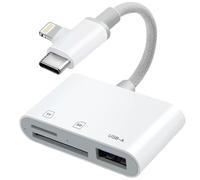 [Certificado Apple MFI] - Lector de tarjetas SD de nailon trenzado para iPhone iPad, USB 3.0 tipo C SD/TF con conector Lightning y USB C dual, SD MicroSD USB-A (blanco)