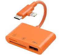[Certificado Apple MFI] - Lector de tarjetas SD de nailon trenzado para iPhone iPad, USB 3.0 tipo C SD/TF con conector Lightning y USB C dual, SD MicroSD USB-A (naranja)