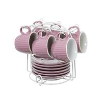 César collect on Set de Tazas de Café con Diseño de Hojas en Relieve, 6 Tazas y Platillos de 89ml, Amarillo, con Soporte Metálico (Rosa Empolvado)
