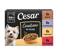 Cesar Creations 24×100 g: ternera con zanahoria, pollo con guisantes, cordero con verduras y pavo con zanahoria en salsa