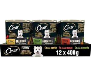 Cesar Natural Goodness - Comida húmeda para Perros con Sabor a Pollo, Ternera y Cordero, 12 latas de 400 g, Total 4,8 kg