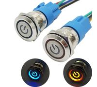 CESFONJER 2 Pcs Interruptor de Botón de Bloqueo | Botón Interruptor Resistente al Agua | 16 mm 12V Metal Encendido/Apagado Para Automovil, Barco, Etc (LED Azul + LED Rojo)