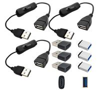 CESFONJER Cable de extensión USB con interruptor 0,3 m - Encendido/apagado, kit de 3 con adaptadores (6 pcs), cable de alimentación para LED, PC, teléfono, todos dispositivos USB-C