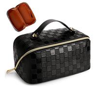 Cessfle Bolsa de cosméticos de Viaje de Gran Capacidad, Bolsa de Maquillaje a Cuadros, portátil, de Cuero, Impermeable, con asa y Divisor para Mujer, 01-Negro, Moda