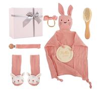 Cesta Bebe Recien Nacido Niña, 7 Piezas Regalo para Bebes con Toallas de Baño Sonajero Tarjetas de Hitos Calcetines Cepillo Cadena de Pezones