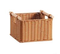 Cesta clásica tejida a mano fabricada con ratán sintético y equipada con asas de madera maciza para uso en baño y cocina (2)