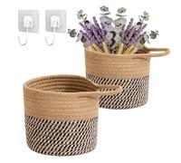 Cesta colgante, 2 cestas de pared, trenzas de cuerda de algodón con ganchos, 15 x 15 cm, cestas de almacenamiento, cestas colgantes para cocina, baño, dormitorio, salón (marrón+marrón oscuro)