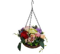 Cesta colgante artificial hecha a mano del estilo de la rota con flores plásticas del paño conveniente para colgar en la pared (E)