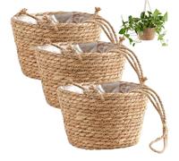 Cesta colgante de plantas de 3 piezas, cesta colgante de mimbre de 8x5 pulgadas para plantas, macetero tejido de interior con cuerda, de macetas rústicas bohemias para interiores, hogar y ofi