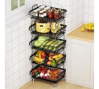 Cesta de alambre de metal enrollable con asa superior y ruedas, organizador apilable resistente, se puede separar para usar en cocina, baño, recámara