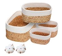 Cesta de almacenamiento, 4 cestas trenzadas, juego de jacinto de agua y algodón, caja organizadora para baño decorativa, baño o dormitorio