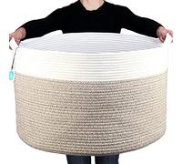 Cesta de almacenamiento Casaphoria de cuerda de algodón tamaño XXXL para sala de estar, con asa, para mantas, toallas y almohadas, cesta para la colada, color blanco crema y marrón (55,8 x 55,8 x 35,6