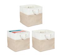 Relaxdays Cesta de almacenamiento, set de 3, lino, con asas de cuerda, ropa, juguetes, 30 x 30 x 30 cm, beige/crema