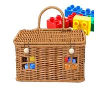 Cesta de almacenamiento de mimbre, organizador en forma de casa con tapa, cesta de almacenamiento de ratán, de estilo vintage para juguetes, artículos de tocador y aperitivos, cestas de