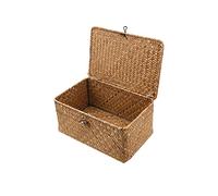 Cesta de almacenamiento de mimbre tejida de ratán con tapas, cestas de lavandería de hierba marina, organizador de maquillaje para baño, sala de estar, cocina (XL)