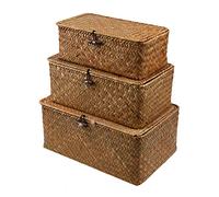 Cesta de almacenamiento de mimbre tejida de ratán con tapas, cestas de lavandería de hierba marina, organizador de maquillaje para baño, sala de estar, cocina (S+M + L)