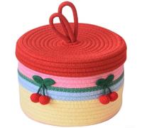 Cesta de almacenamiento tejida de algodón, 22 x 14 cm, caja organizadora hecha a mano con tapa, contenedor de aperitivos, bonita decoración del hogar para sala de estar (C)
