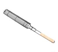 Cesta de barbacoa con mango de madera natural para asar salchichas, perros calientes y verduras con acero al carbono resistente y revestimiento resistente a la intemperie (C)