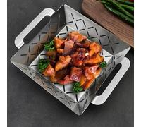 Cesta de barbacoa cuadrada con rejilla fina, y apta para lavavajillas, bandeja de verduras para barbacoas Weber, ideal para guarniciones y pequeños alimentos a la parrilla, plata (35 x 31 x 5,5 cm)