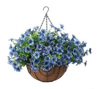 Cesta de cadena de 10 pulgadas con flores violetas artificiales, forro de concha de coco y bola de hierba para decoración de bricolaje (C)