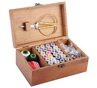 Cesta de costura de madera con accesorios de kit de costura, hogar Vintage caja de costura de madera aguja hilo almacenamiento caso organizador DIY herramientas de costura(Caja de kit de costura de
