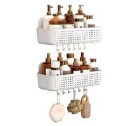 Cesta de ducha colgante, paquete de 2 unidades, sin taladro, canasta de almacenamiento de plástico con 6 ganchos para ducha, cocina y balcón, estantes flotantes blancos