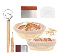 Cesta de Fermentación de Pan, Accesorios para Hornear Pan, Cesta de Prueba, Cesta de Fermentación Ovalada, Cuenco de Ratán Natural para Pan y Masa Rascador de Metal + Rascador de Plástico + Batidor