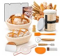 Cesta de Fermentación para Pan 25cm Ovalado & 23cm Redonda, 14 Piezas Kit Completo de Panadero, Banetones de Caña Natural, Cesta para Pan de Masa Madre para Principiantes y Experimentados