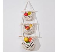 Cesta de frutas colgante de 3 niveles para colgar en la pared, estante de almacenamiento decorativo con cestas de madera y algodón para cocina u organización del hogar, diseño de ahorro de espacio