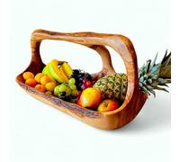 Cesta de frutas con asa, cuenco decorativo de madera de olivo hecho a mano con asa, diseño único, acabado natural, perfecto para servir exhibición, decoración del hogar, respetuosa con el medio