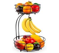 Cesta de frutas de 2 pisos con soporte para plátanos, de pie, cocina diaria, moderno frutero, práctico frutero de metal, color negro
