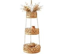 Cesta de frutas de 3 niveles para colgar, 3 cestas de jacinto de agua, estantería de pared de material 100% natural, cestas colgantes para cocina, altura total de 100 cm, para frutas, verduras y
