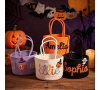 Cesta de Halloween Personalizada con Nombre, Bolsa Personalizada de Decoración Halloween, Cesta de Caramelo para Truco o Traté Tejida,Bolsas de Truco o Golosinas para Niños y Adultos