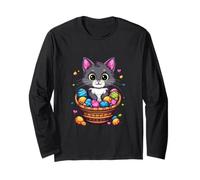 Cesta de huevos de Pascua con gato gatito huevos coloridos Manga Larga
