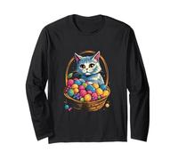 Cesta de huevos de Pascua con gato gatito huevos coloridos Manga Larga