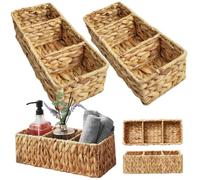 Cesta de jacinto de agua 2 PCS 3 Compartimento 14x6x4 Cestas de almacenamiento de jacinto tejido Cesta de uso múltiple rústico natural para papel higiénico, toalla, fragancia, refrigerio, remoto, agu